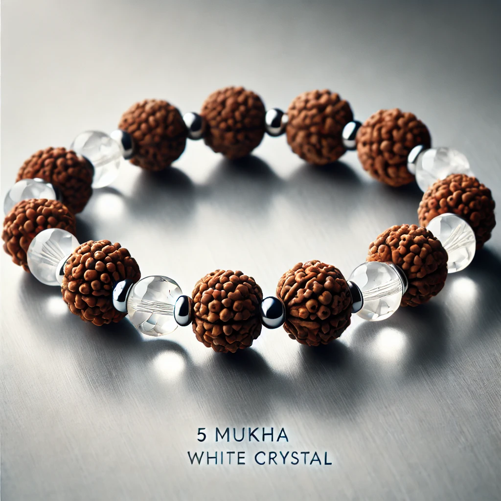 5 Mukhi Rudraksha White Crystal Bracelet